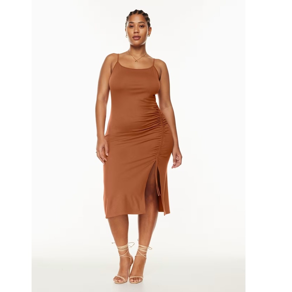 Wilfred Aritzia Riddle Dress Anise Brown Ruched Midi Bodycon Size M NWT 94736
